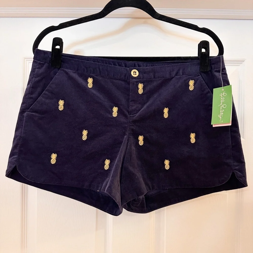 NWT Lilly Pulitzer Adie Shorts Pineapple Navy Velvet Gold Embroidered sz 8